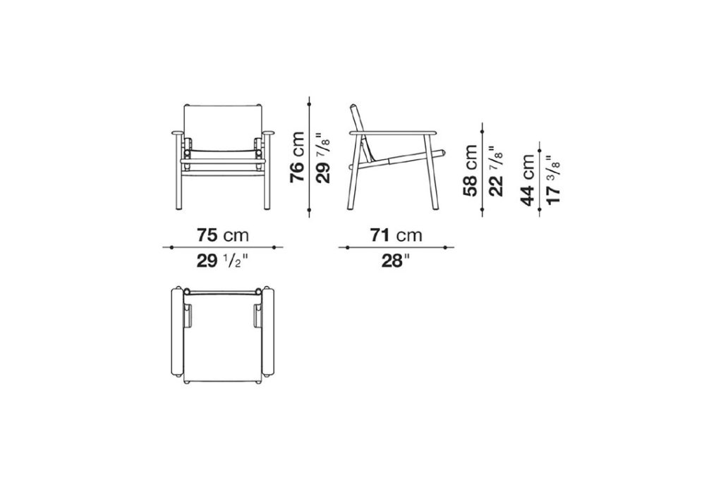 line drawing and dimensions for a b&b italia cordoba armchair