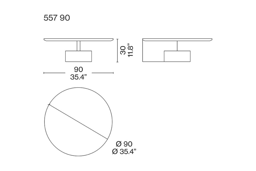 line drawing and dimensions for a cassina sengu low coffee table 557 90