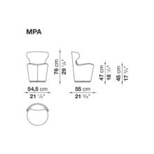 line drawing and dimensions for a b&b italia mini papilio armchair
