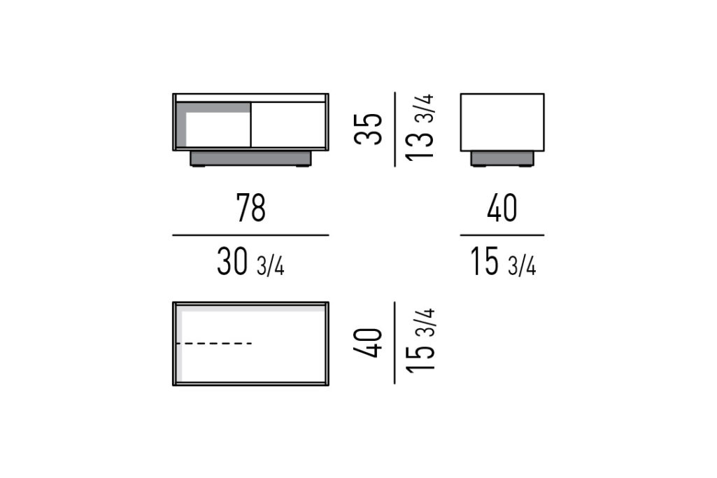 line drawing and dimensions for a minotti close nightstand