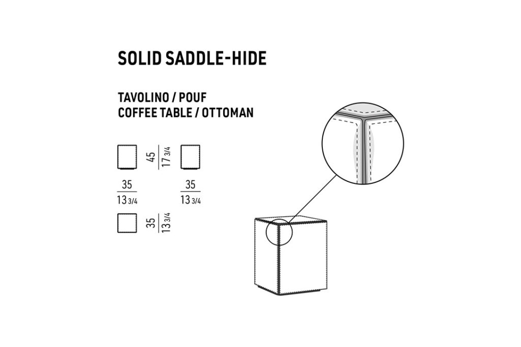 line drawing and dimensions for a minotti solid saddle-hide side table or pouf