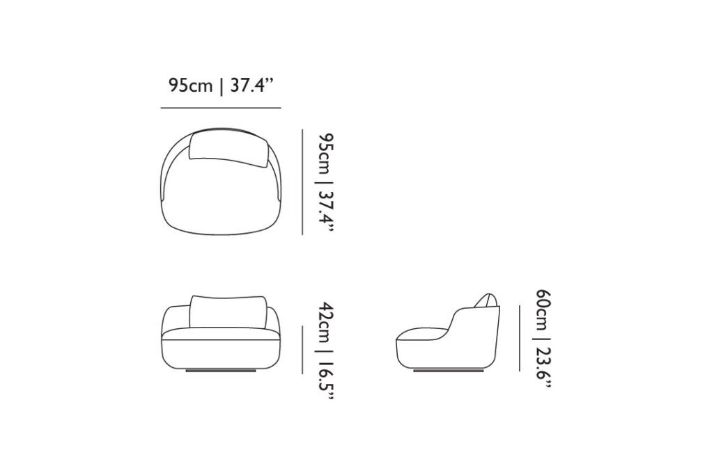line drawing and dimensions for a moooi bart armchair swivel version