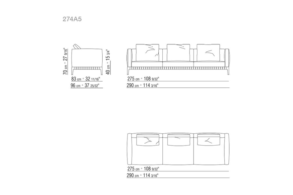 line drawing and dimensions for a flexform atlante outdoor sofa