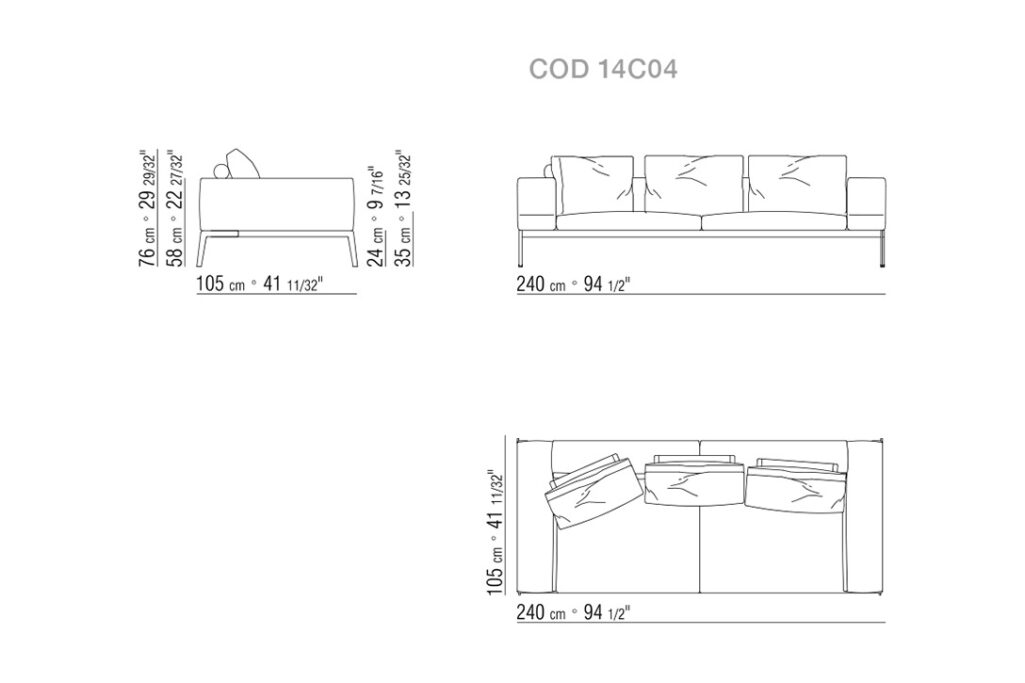 line drawing and dimensions for a flexform lifesteel sofa