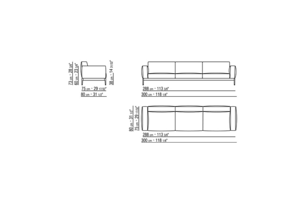 line drawing and dimensions for a flexform romeo compact sofa 118"