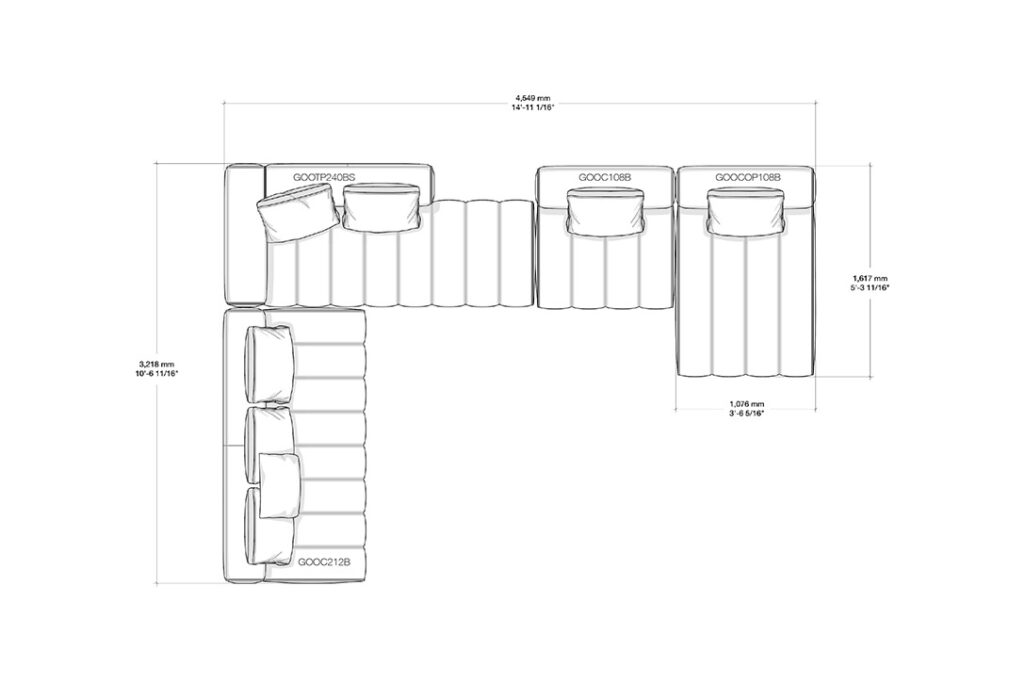 line drawing and dimensions for a minotti goodman sofa