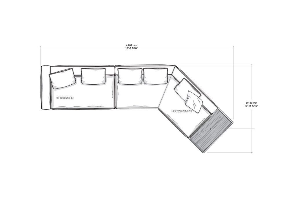 line drawing and dimensions for a minotti horizonte sofa