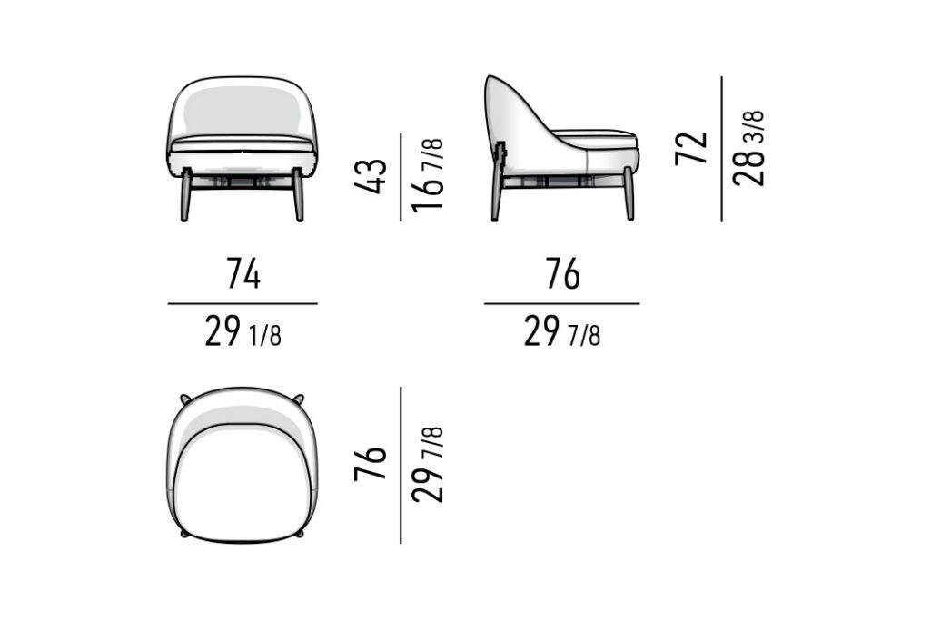 line drawing and dimensions for a minotti sendai armchair fixed