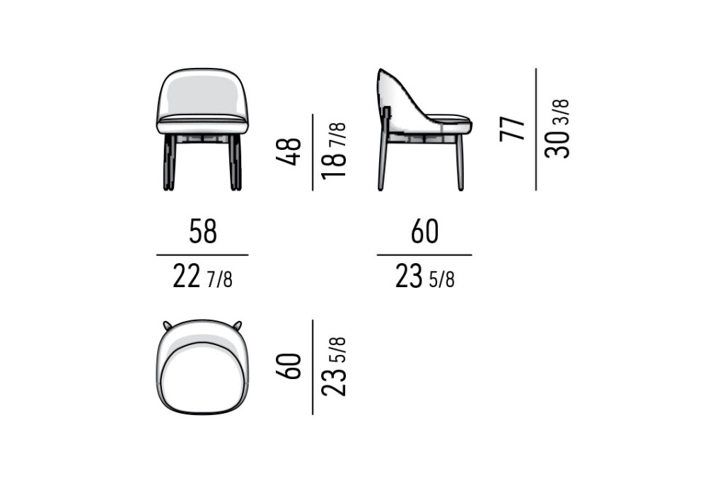 line drawing and dimensions for a minotti sendai little dining chair