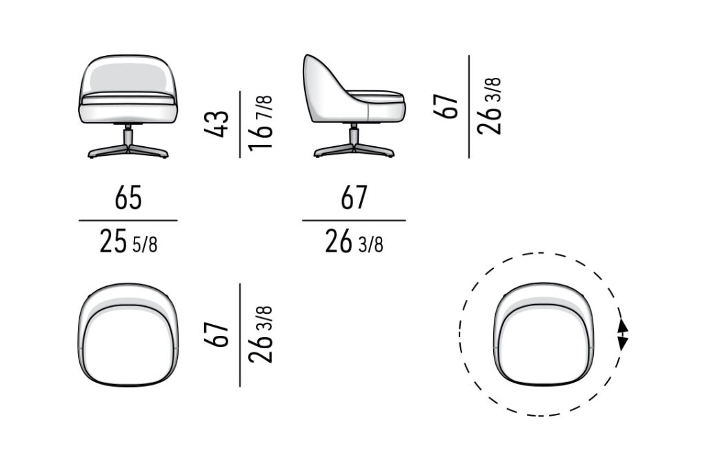 line drawing and dimensions for a minotti sendai lounge chair swivel