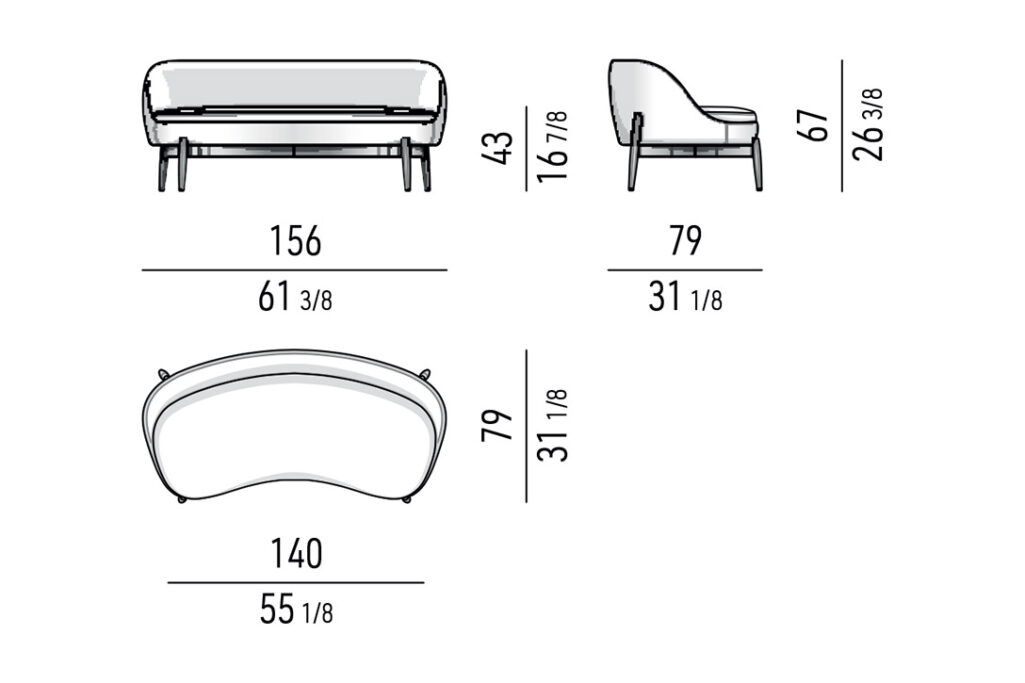 line drawing and dimensions for a minotti sendai lounge sofa