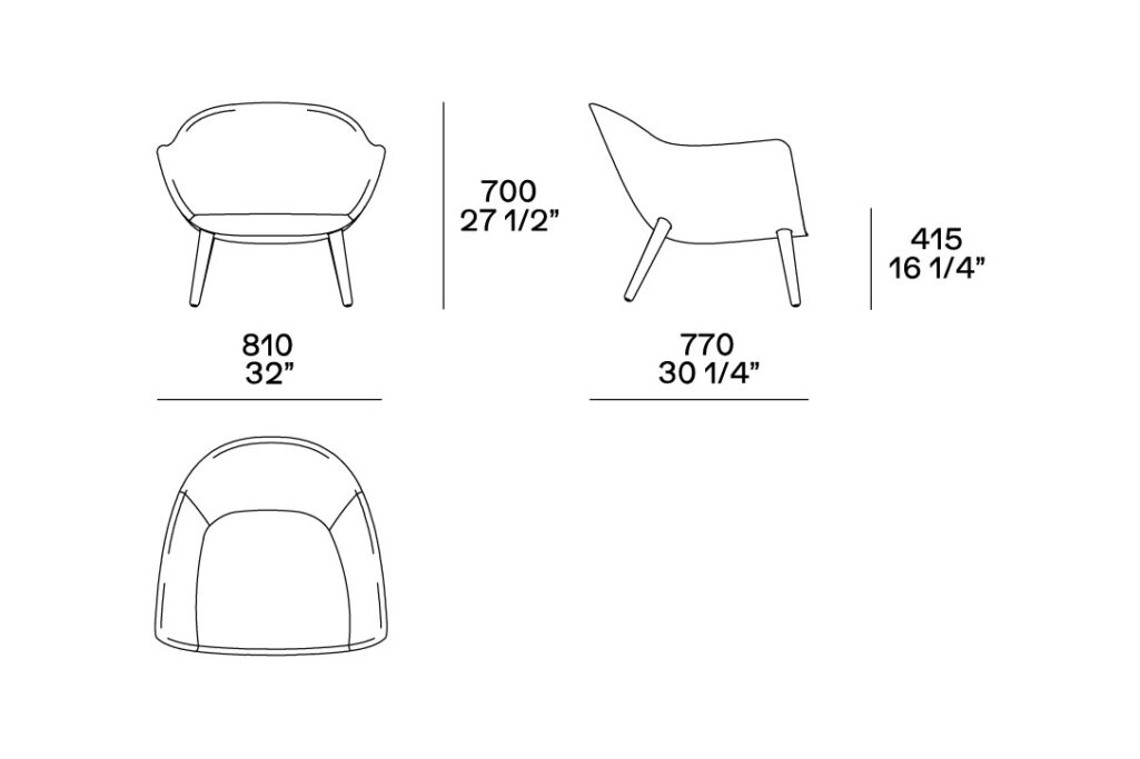 line drawing and dimensions for a poliform mad armchair wood legs