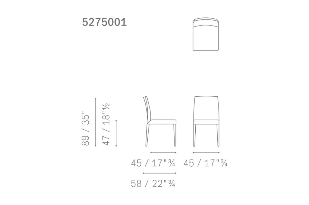 line drawing and dimensions for a poltrona frau liz dining chair