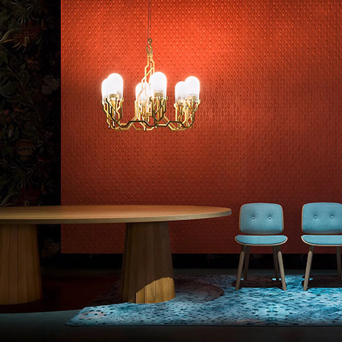 moooi plant chandelier, container dining table, and nut dining chairs