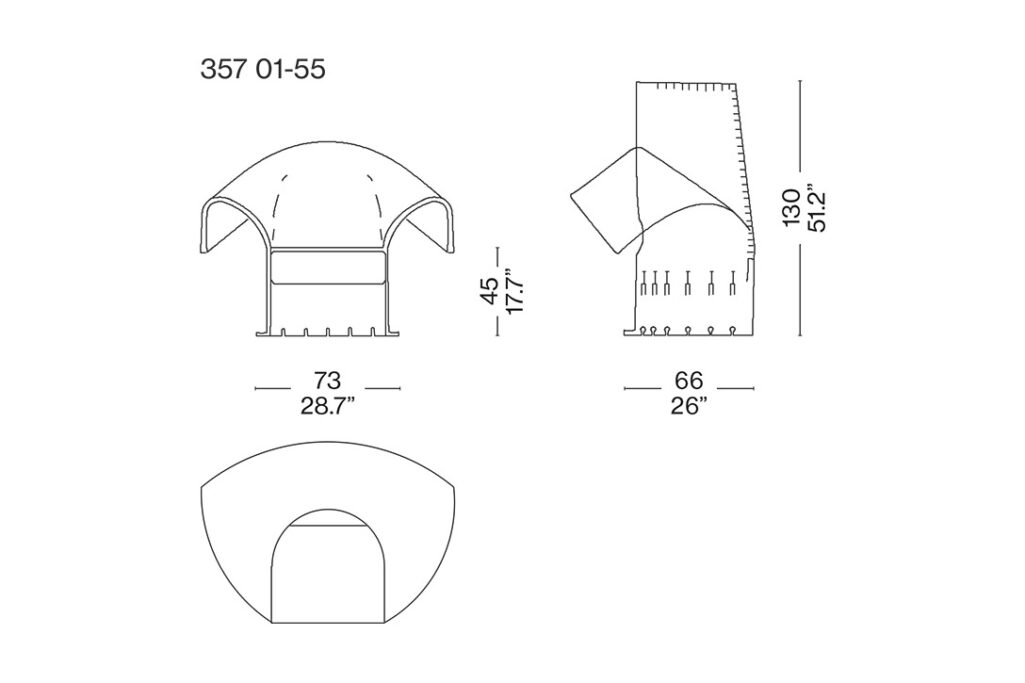line drawing and dimensions for a cassina feltri high-back armchair