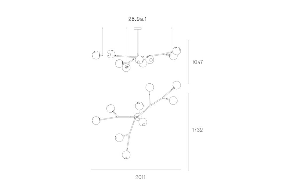 line drawing and dimensions for a bocci 28.9a.1 armature pendant light