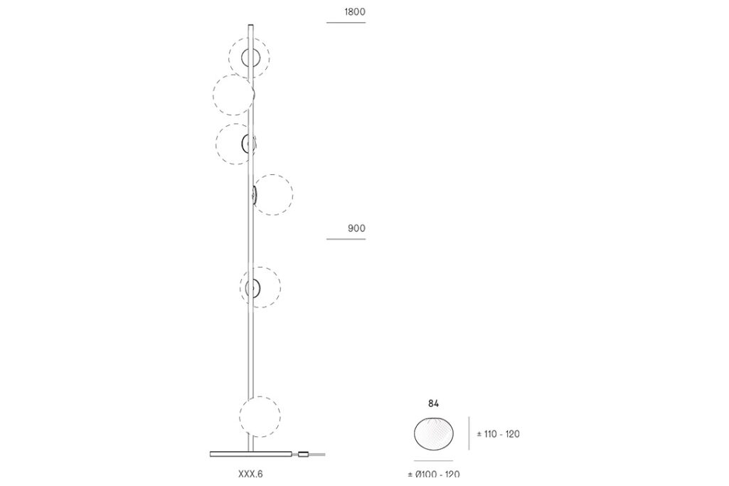 line drawing and dimensions for a bocci 84.6 stem floor lamp