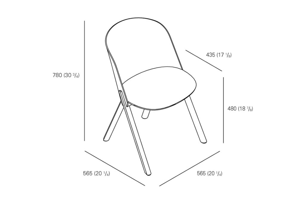 line drawing and dimensions for a e15 this dining chair