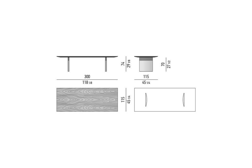 line drawing and dimensions for a minotti linha fina dining table