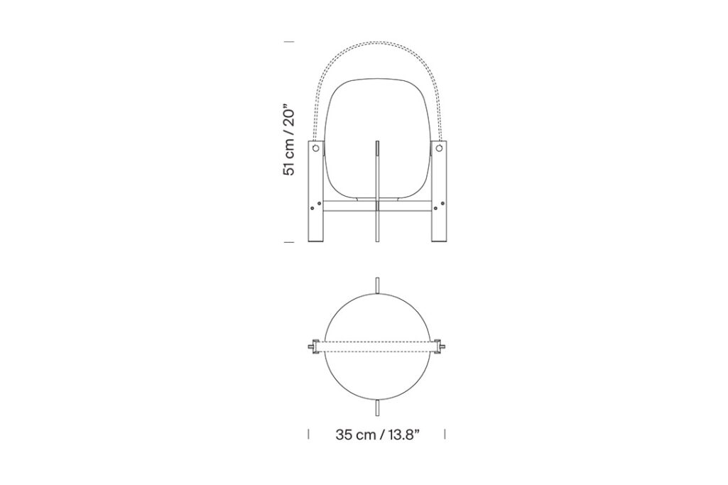 line drawing and dimensions for a santa & cole cesta metalica table lamp with leather handle