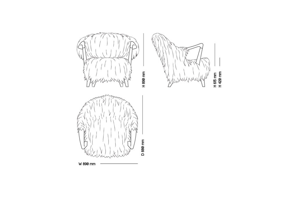 line drawing and dimensions for eikund fluffy lounge chair