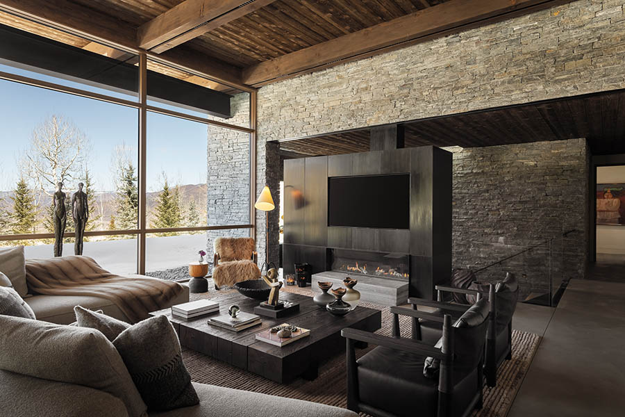 living room in aspen highlands with interior design by studio com project division